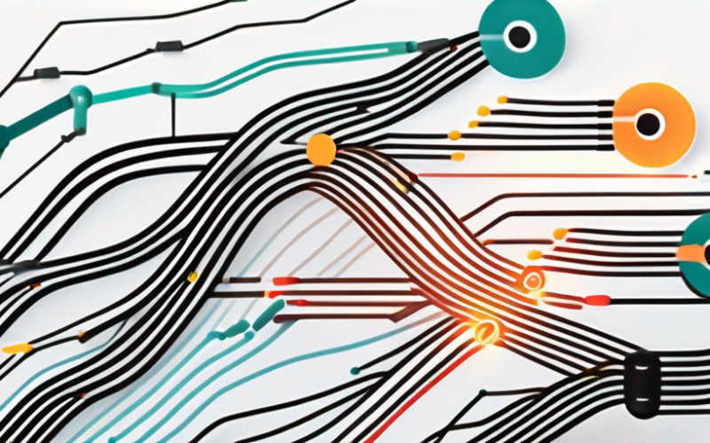 An abstract representation of interconnected data streams and algorithms flowing towards a target